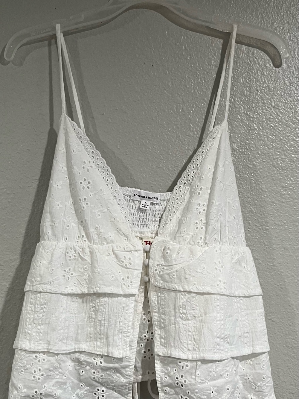 love on a hanger White Eyelet Tiered Camisole with Front Tie